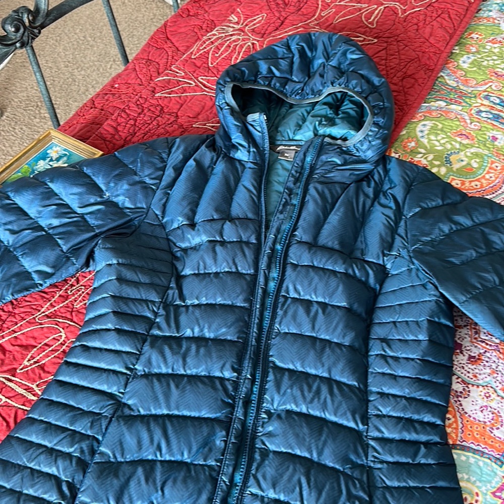 Hooded down coat. EB size small